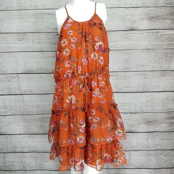 NEW Chelsea 28 XL Tiered Chiffon Fit & Flare Dress in Orange Floral - Picture 3 of 15